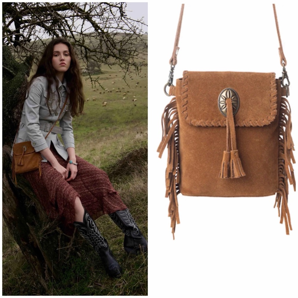 Suede Fringe Crossbody Bag in Tan
